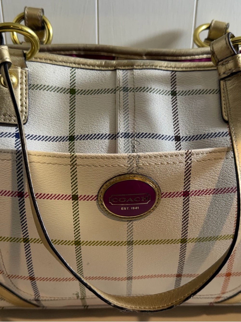 Coach Ivory Plaid Leather Shoulder Bag with Multicolor Stripes